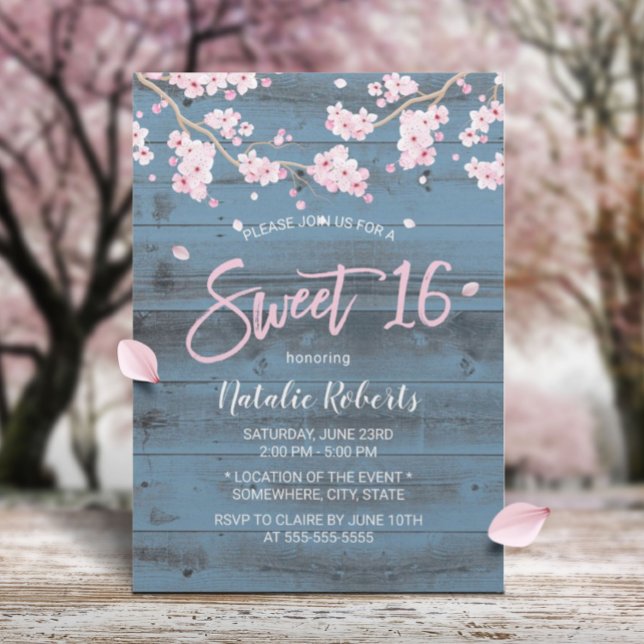 Invitation Sweet 16 Fleurs de fleurs de cerisier rustique ble (Créateur téléchargé)