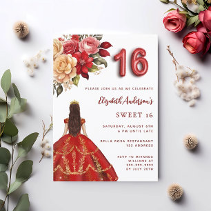 Invitation Sweet 16 fleurs de robe rouge or rose blanc