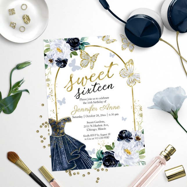 Invitation Sweet 16 Floral Navy bleu robe papillon (Créateur téléchargé)