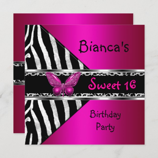 Invitation Sweet 16 Fushia rose Silver Black Zebra Leopard (Devant / Derrière)