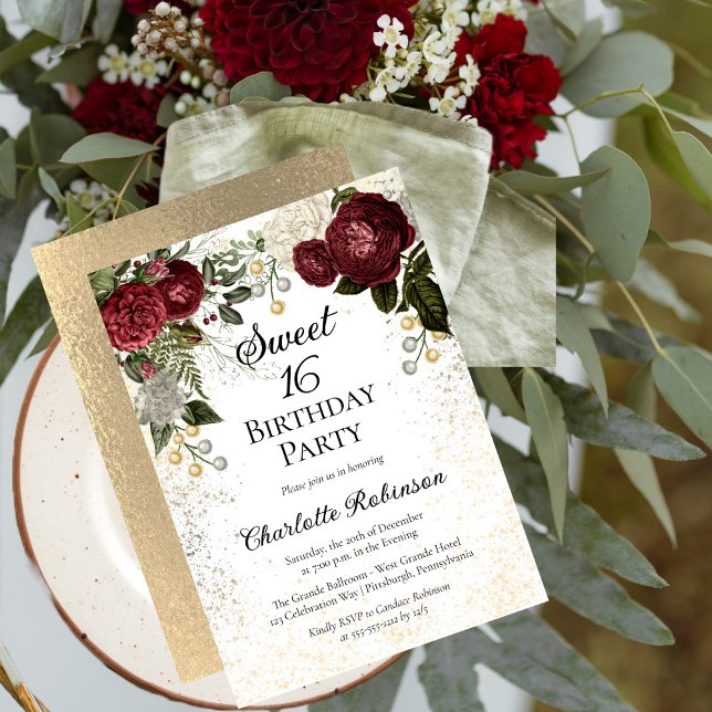 Invitation Sweet 16 Glam Bourgogne Rose Floral fête d'anniver (Créateur téléchargé)