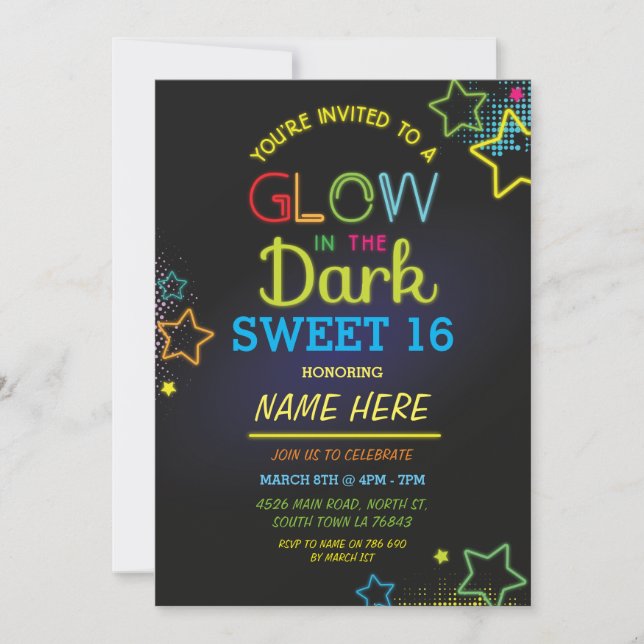 Invitation Sweet 16 Glow Dans L'Obscur Anniversaire Neon Part (Devant)