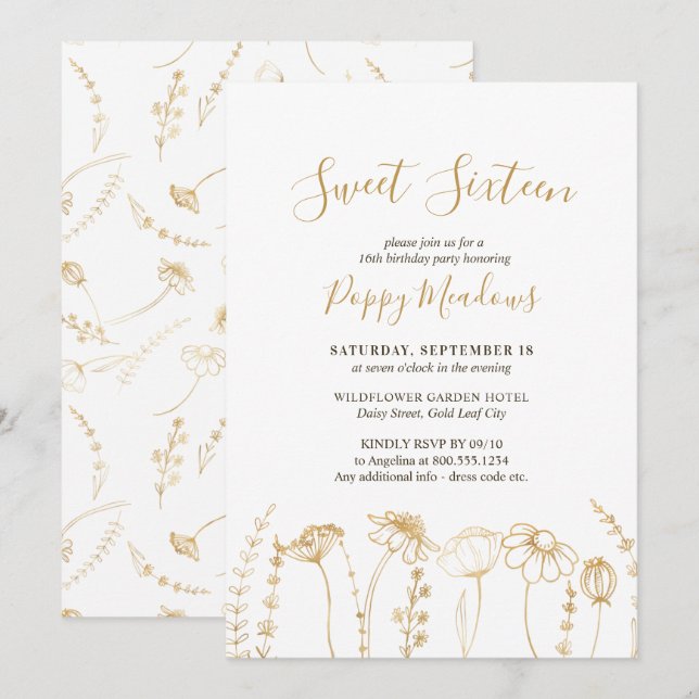 Invitation Sweet 16 Gold Fleur sauvage Croquis 16e anniversai (Devant / Derrière)
