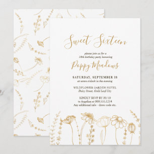 Invitation Sweet 16 Gold Fleur sauvage Croquis 16e anniversai