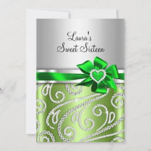 Invitation Sweet 16 Green Bow & Sparkle Diamond Annonce
