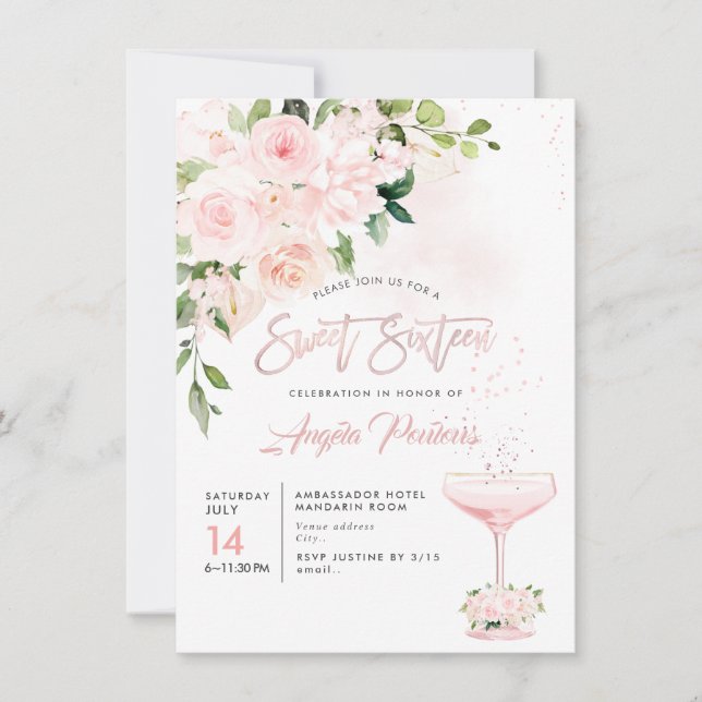 Invitation Sweet 16 H2 Blush Anthuriums Rose pivoines (Devant)