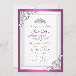 Invitation Sweet 16 Hot Pink Silver Damask & Tiara