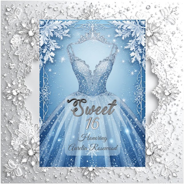 Invitation Sweet 16 Icy Blue Silver Winter Frost Snowflakes  (Sweet 16 Icy Blue Silver Winter Frost Snowflakes Invitation)