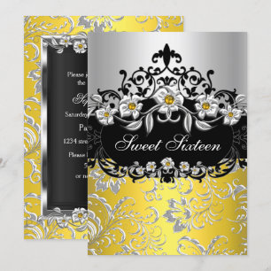 Invitation Sweet 16 Jaune Argent Noir Floral Bijou Party