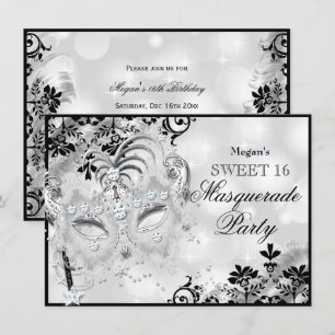 Invitation Sweet 16 Jewel Masque & Damask Argent Masquerade