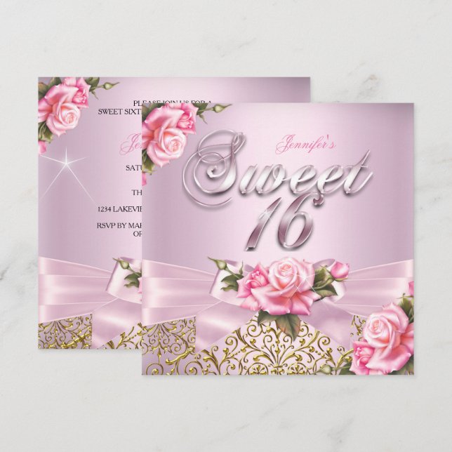 Invitation Sweet 16 Jolie Rose Bow fête d'anniversaire (Devant / Derrière)