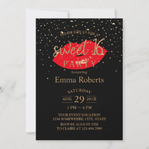 Invitation Sweet 16 Lèvres rouges Moderne Gold Confetti Anniv