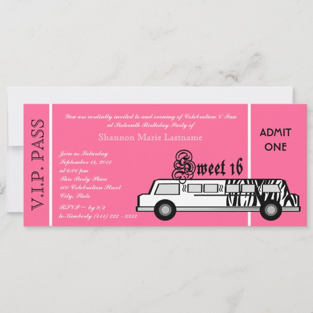 Invitation Sweet 16 Limo Party Pass (Devant)