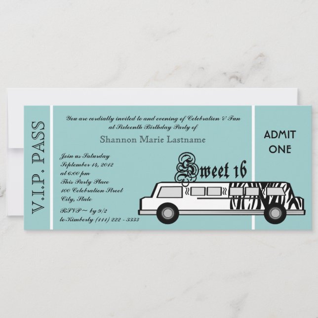 Invitation Sweet 16 Limo Party Pass (Devant)