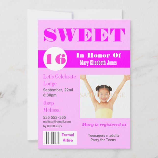 Invitation Sweet 16 magazine photo PERSONNALISER (Devant)