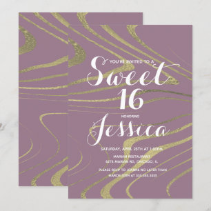 Invitation Sweet 16 Marbre Quince Violet Faux Or Zèbre
