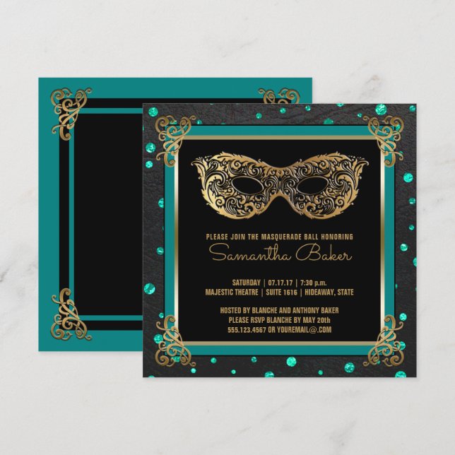 Invitation Sweet 16 Masquerade Ball Sweet sixteen Turquoise O (Devant / Derrière)