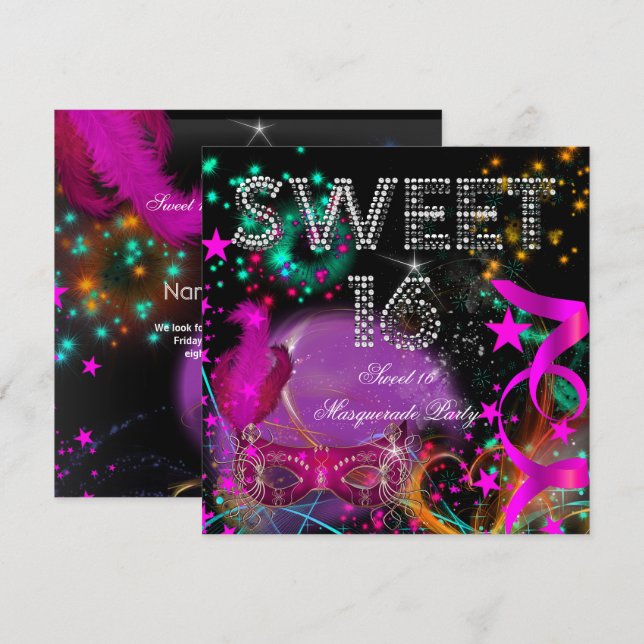 Invitation Sweet 16 Masquerade fête d'anniversaire rose noir (Devant / Derrière)