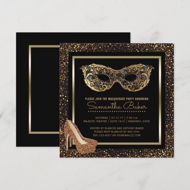 Invitation Sweet 16 Masquerade Party | Sweet sixteen d'or (Devant / Derrière)