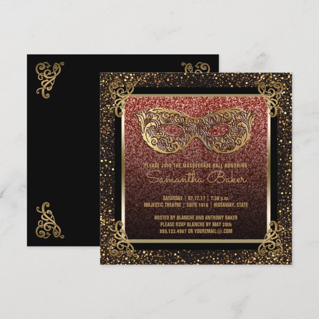 Invitation Sweet 16 Masquerade Party Sweet sixteen or rose (Devant / Derrière)