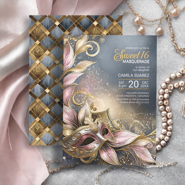 Invitation Sweet 16 Masquerade Rose Gold ID1032 (Créateur téléchargé)