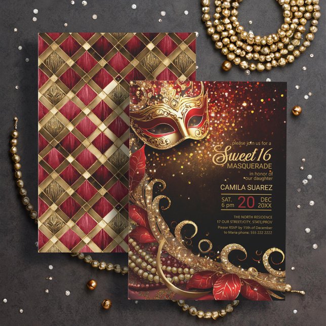 Invitation Sweet 16 Masquerade Rouge Or ID1032 (Créateur téléchargé)