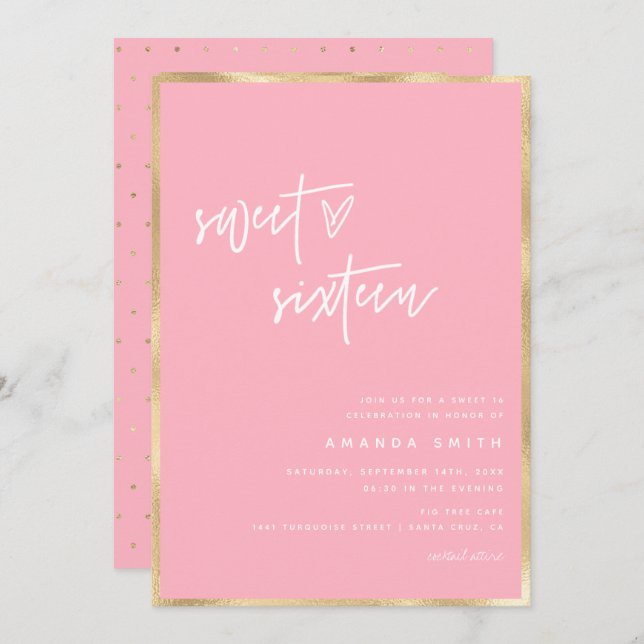 Invitation Sweet 16 Modern Script Gold Blush Pink Anniversair (Devant / Derrière)