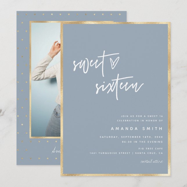 Invitation Sweet 16 Modern Script Gold Dusty Blue Anniversair (Devant / Derrière)