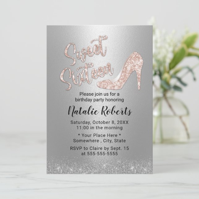 Invitation Sweet 16 moderne Rose d'argent or haut talon (Debout devant)