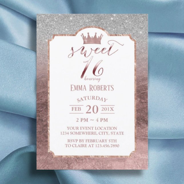 Invitation Sweet 16 Moderne Rose Foil Gold Princess Couronne  (Créateur téléchargé)