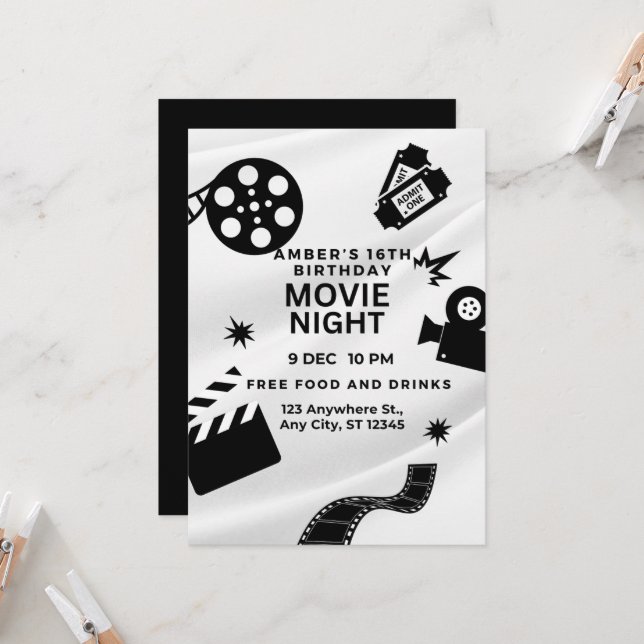 Invitation "Sweet 16 Movie Night Bash (Devant/Arrière en situation)