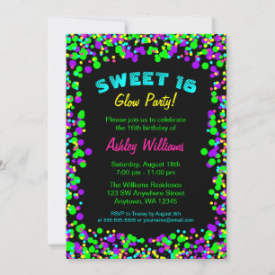 Invitation Sweet 16 Neon Glow Confetti fête d'anniversaire