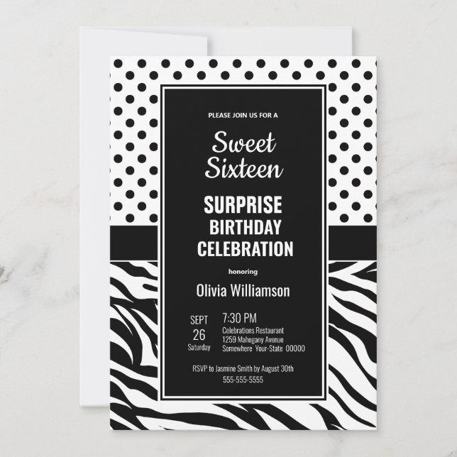 Invitation Sweet 16 Noir et blanc Surprise fête d'anniversair (Devant)