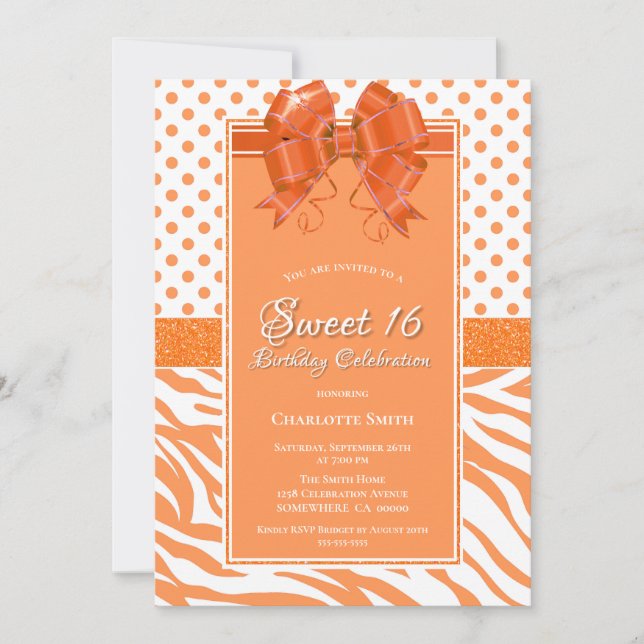 Invitation Sweet 16 Orange et White Party (Devant)