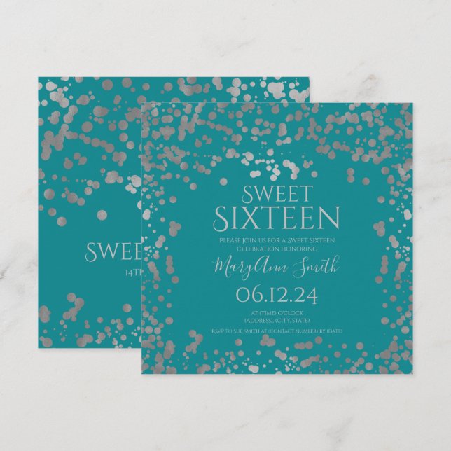 Invitation Sweet 16 pailletée argentée Girly Teal  (Devant / Derrière)