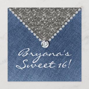 Invitation Sweet 16 Paillettes Argentées Denim Dia
