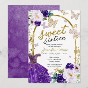 Invitation Sweet 16 papillon floral robe violette