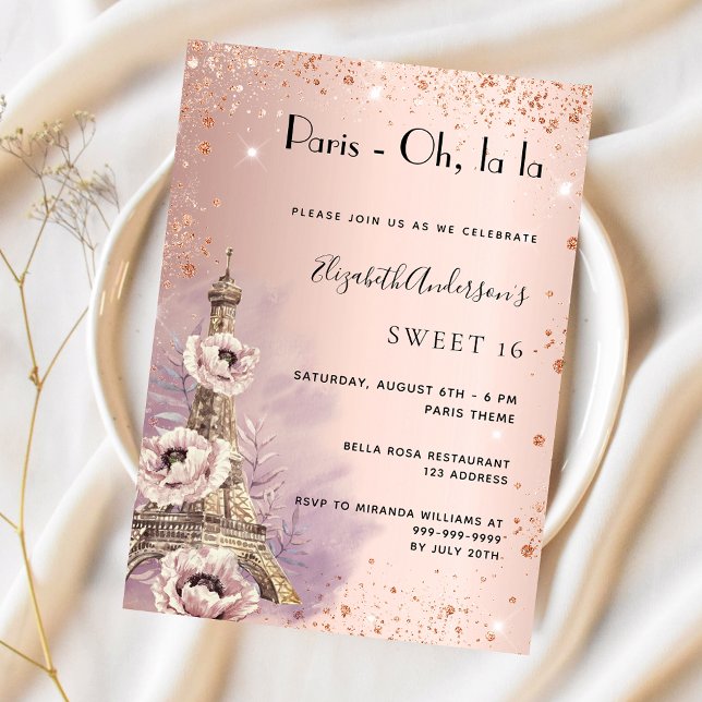 Invitation Sweet 16 Paris rose or tour Eiffel (Créateur téléchargé)