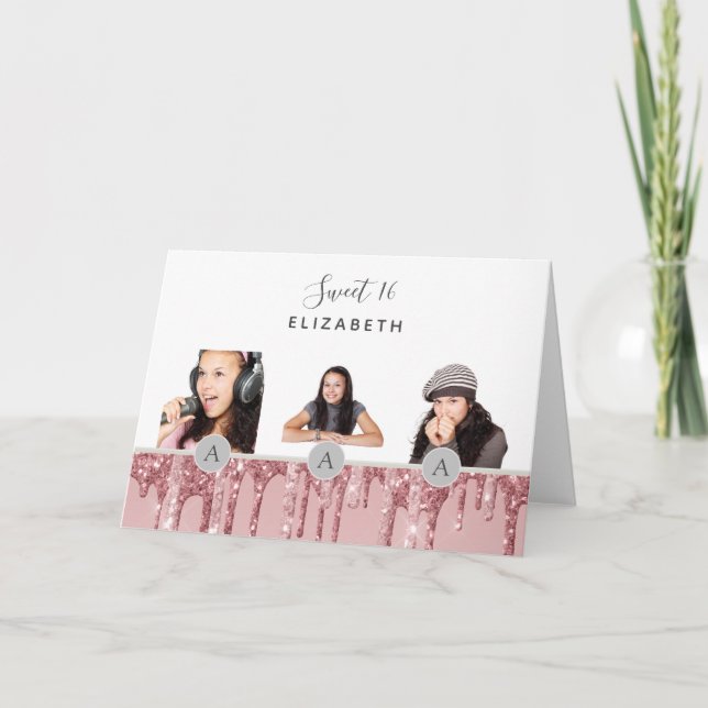 Invitation Sweet 16 Parties scintillant à goutte Rose or rose (Devant)