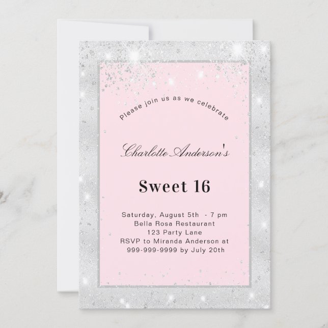 Invitation Sweet 16 parties scintillant argent rose pâle (Devant)