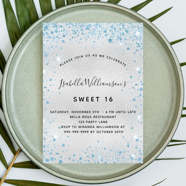 Invitation Sweet 16 parties scintillant bleu argent élégant f (Créateur téléchargé)