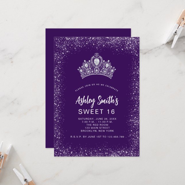 Invitation Sweet 16 Parties scintillant d'argent violet Diamo (Devant/Arrière en situation)