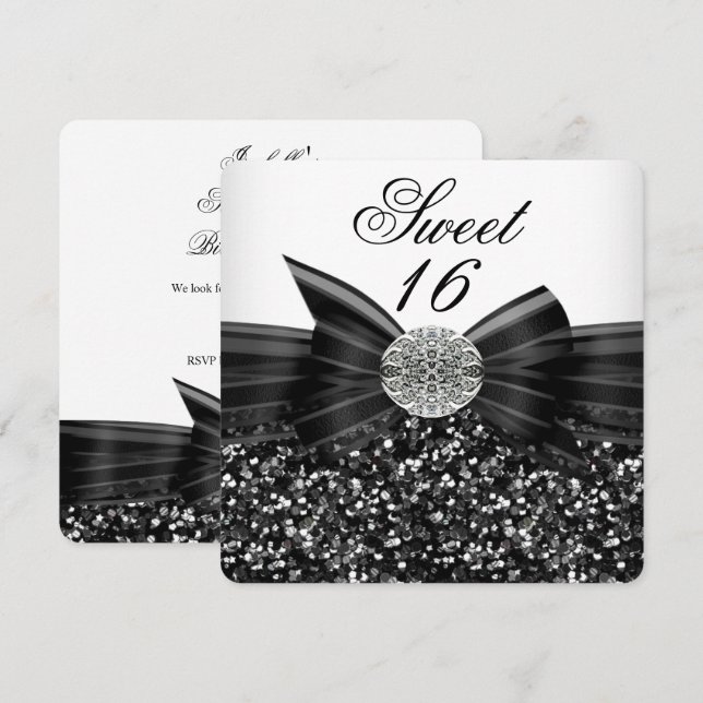 Invitation Sweet 16 Parties scintillant de luxe Bow argent no (Devant / Derrière)