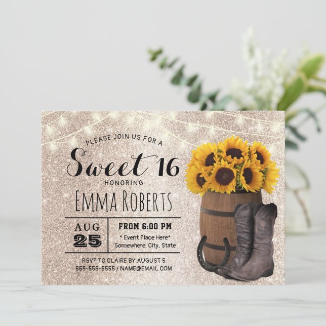 Invitation Sweet 16 Parties scintillant or Sunflower Western  (Debout devant)