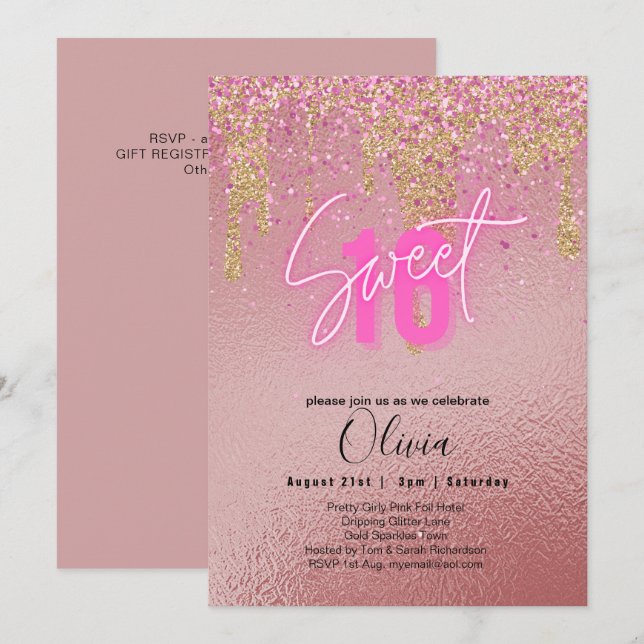 Invitation Sweet 16 Parties scintillant rose Foil Girly Fl mo (Devant / Derrière)