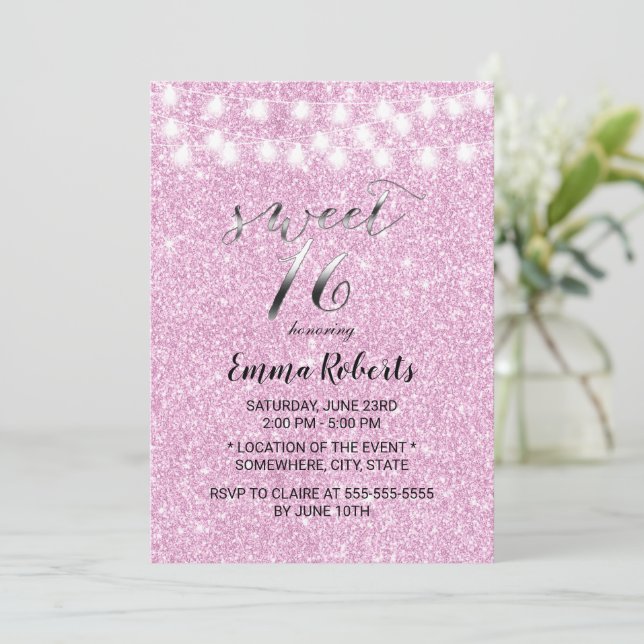Invitation Sweet 16 Parties scintillant rose moderne Lumières (Debout devant)