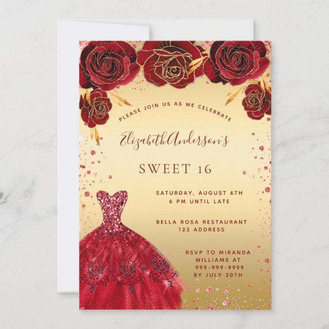 Invitation Sweet 16 parties scintillant rouge or robe glamour (Devant)