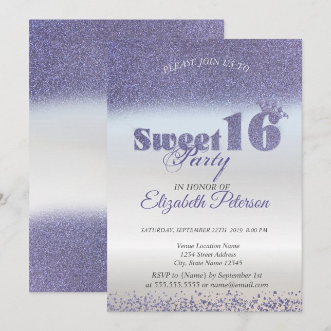 Invitation Sweet 16 Parties scintillant violet Bokeh Ombre, P (Devant / Derrière)