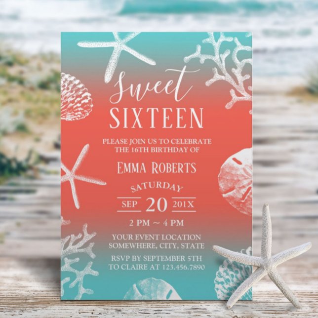Invitation Sweet 16 Party Beach Coral Reef Starfish (Créateur téléchargé)