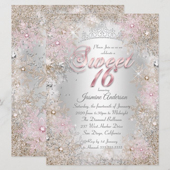 Invitation Sweet 16 Party Beige rose Argent d'hiver Wonderlan (Devant / Derrière)